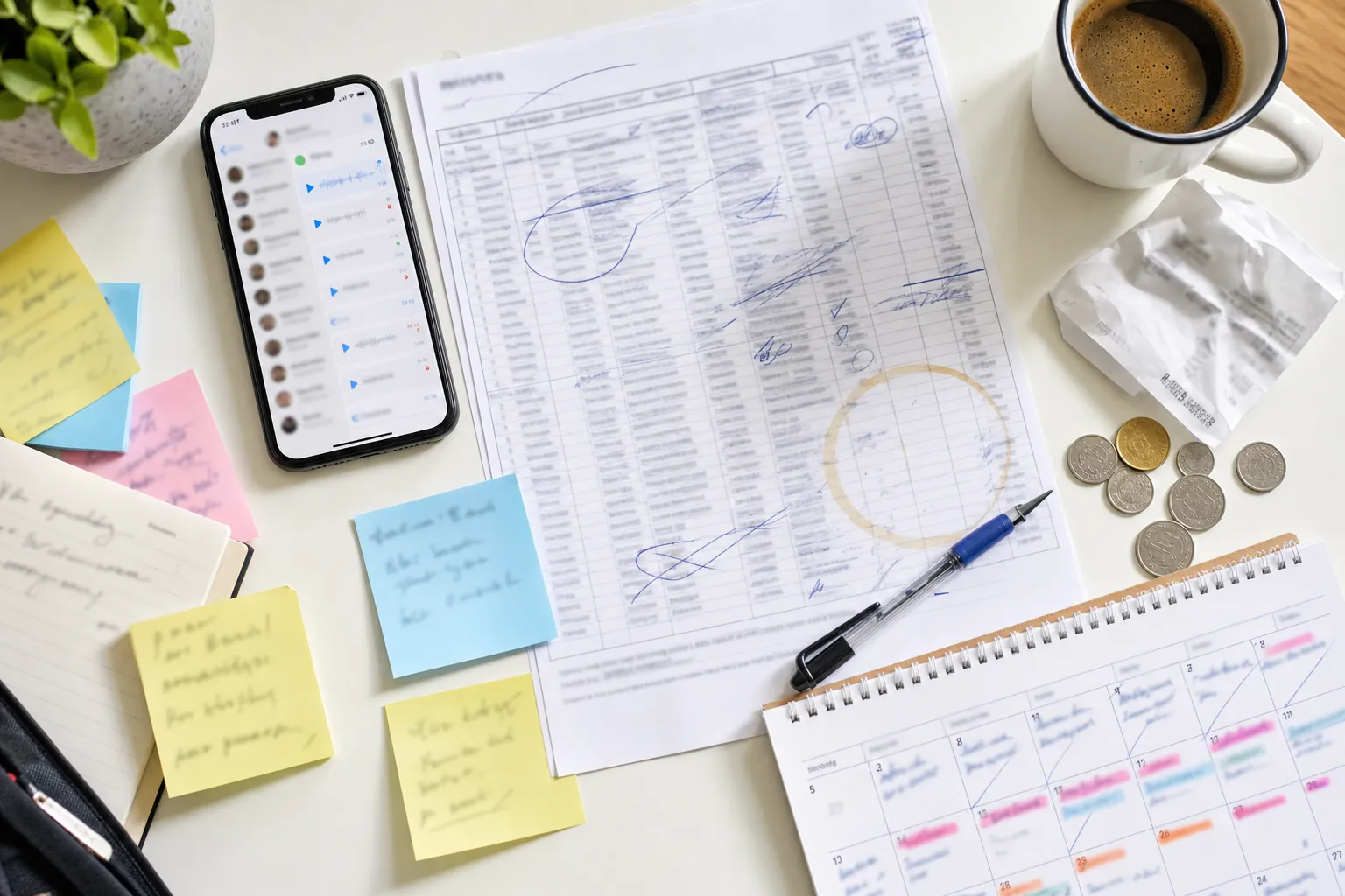 A trainer's desk covered in sticky notes, a marked-up spreadsheet, and a phone full of unread messages