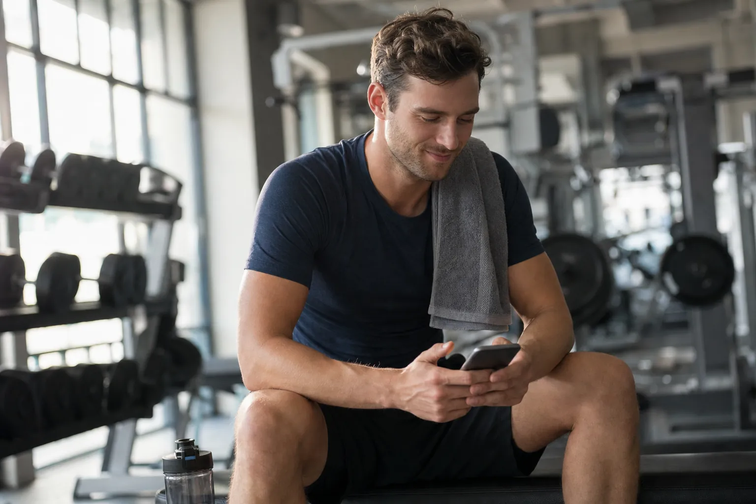 A client on a gym bench after a session, booking the next one on their phone