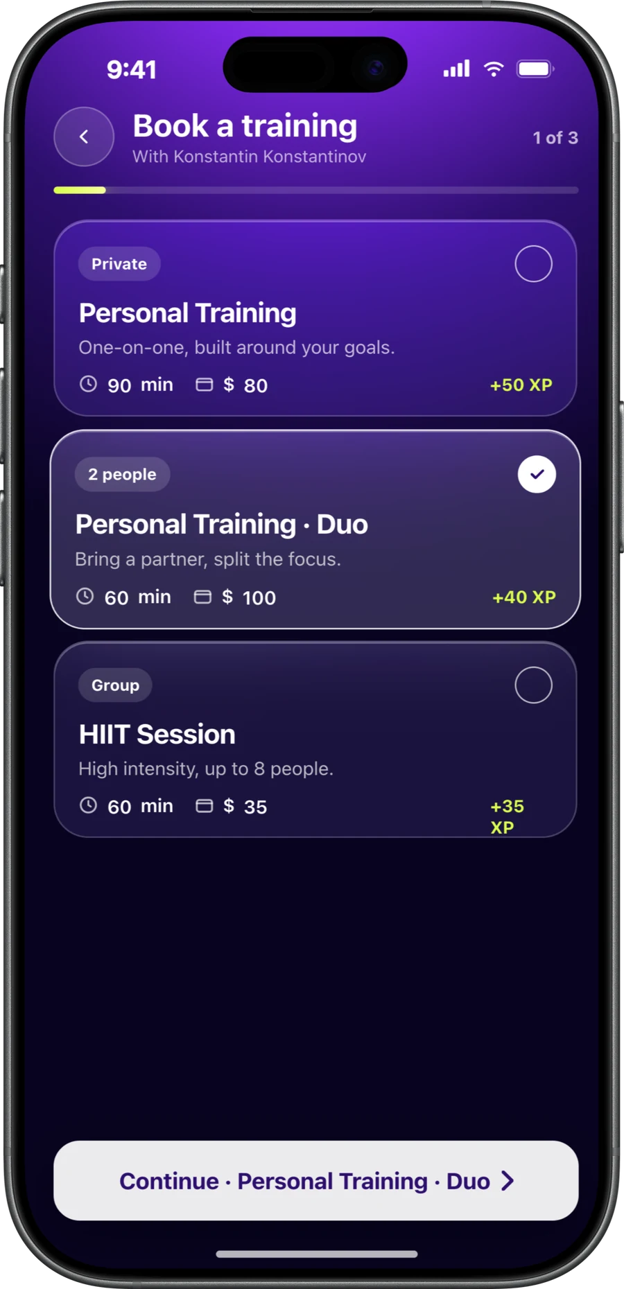 Client view of CoachOne on an iPhone: choosing between a private, duo, or group session with a trainer