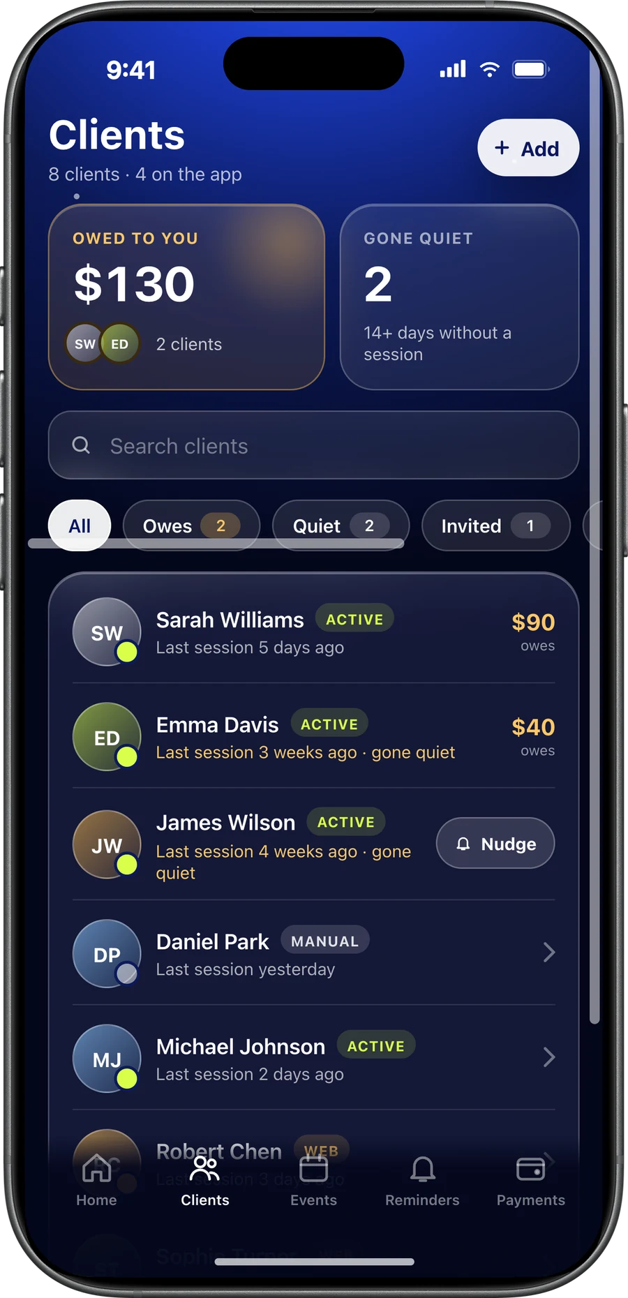 CoachOne Clients tab on an iPhone showing money owed to you, clients who have gone quiet, and a searchable client list