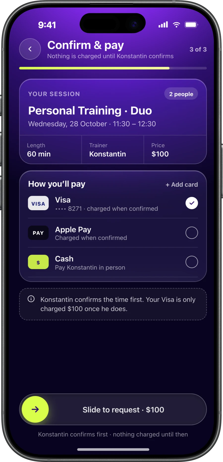 Client view of CoachOne on an iPhone: confirming a session and choosing card, Apple Pay, or cash