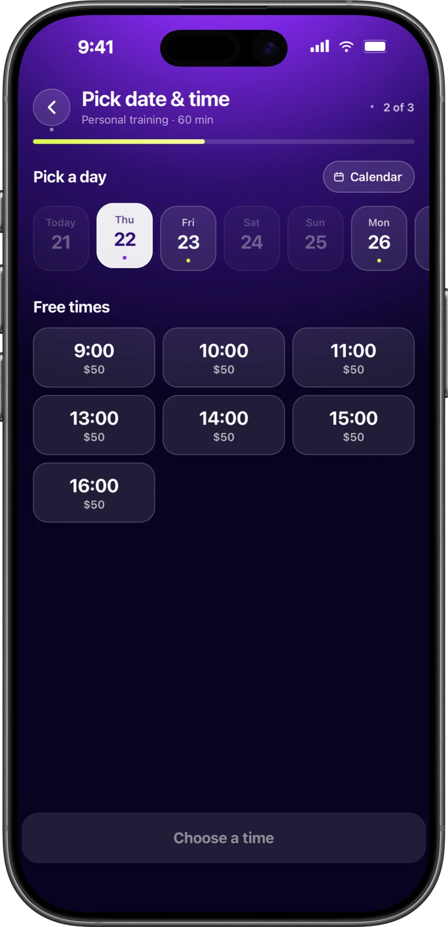 Client view of CoachOne on an iPhone: picking a day and one of the trainer's free times, each with its price