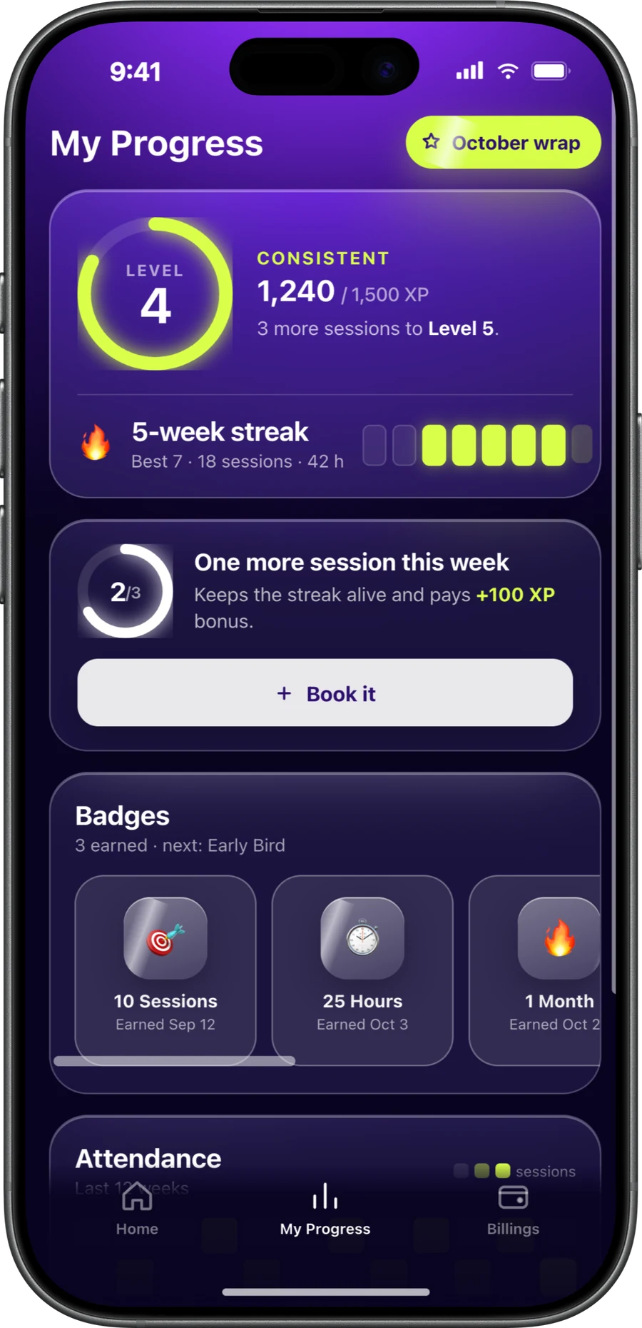 Client progress screen in CoachOne on an iPhone with level, weekly streak, earned badges, and attendance