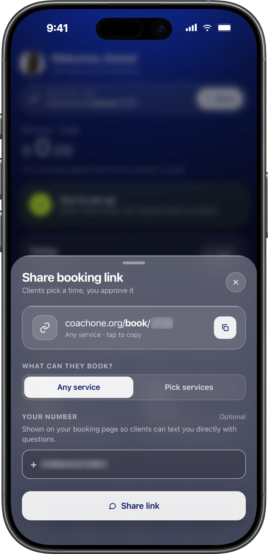 CoachOne Share booking link sheet on an iPhone: the coachone.org booking link, a choice between any service or picked services, and an optional phone number for the booking page