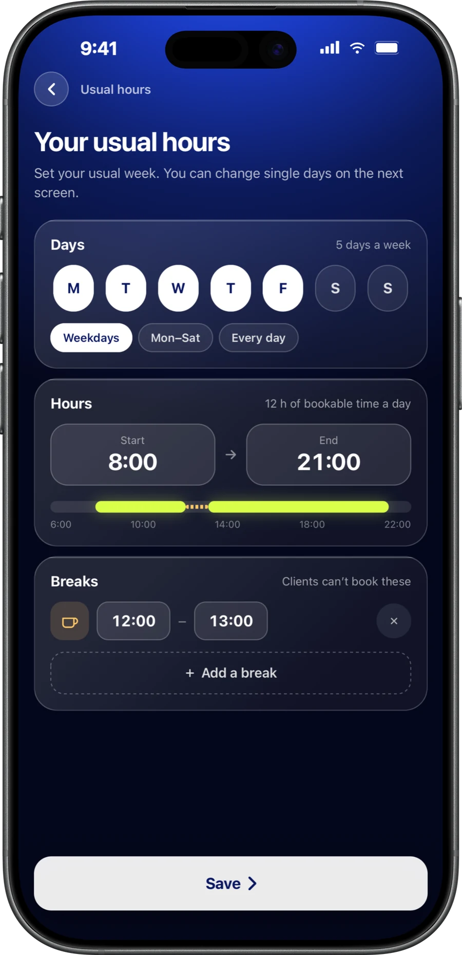 CoachOne Usual hours screen on an iPhone: bookable days Monday to Friday, hours from 8:00 to 21:00, and a lunch break clients can't book