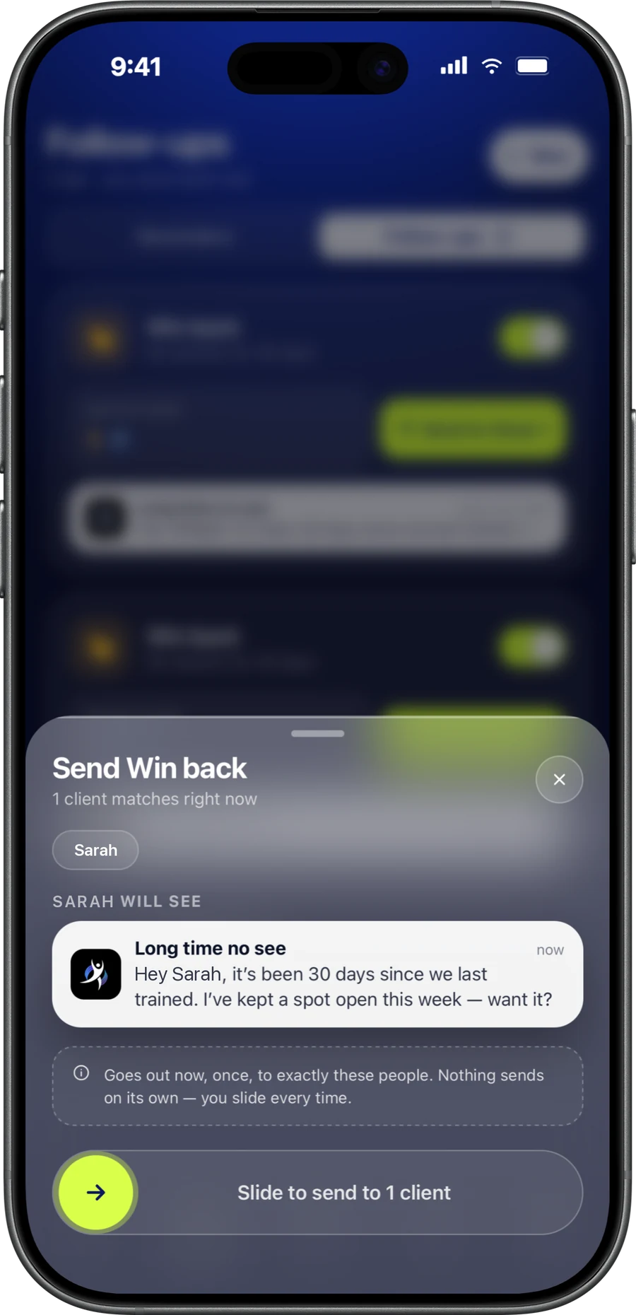 CoachOne Send Win back sheet on an iPhone: a follow up for a client who hasn't trained in 30 days, previewed as the notification they will see