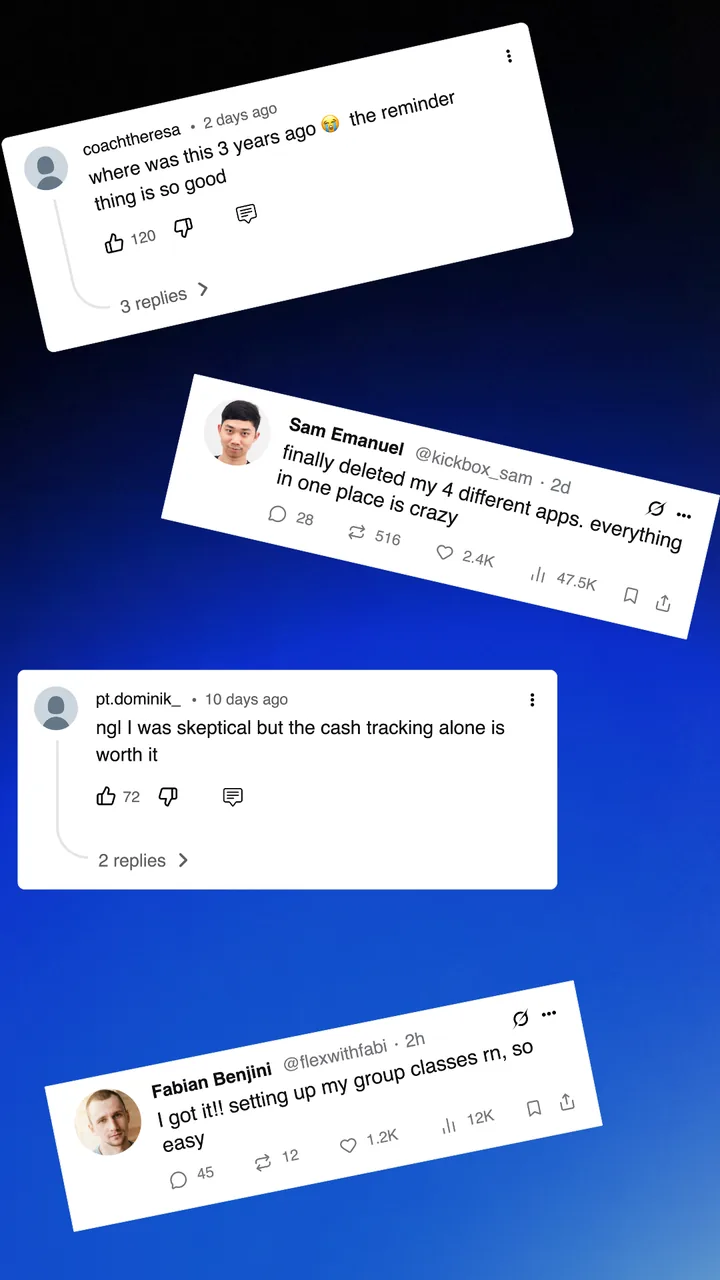 Comments from trainers on a CoachOne TikTok post about reminders, cash tracking, and group classes