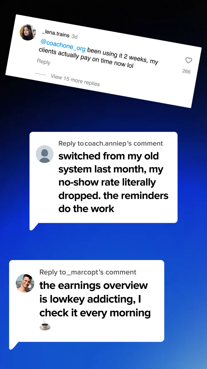 Comments from trainers on a CoachOne Instagram post about clients paying on time and no-shows dropping
