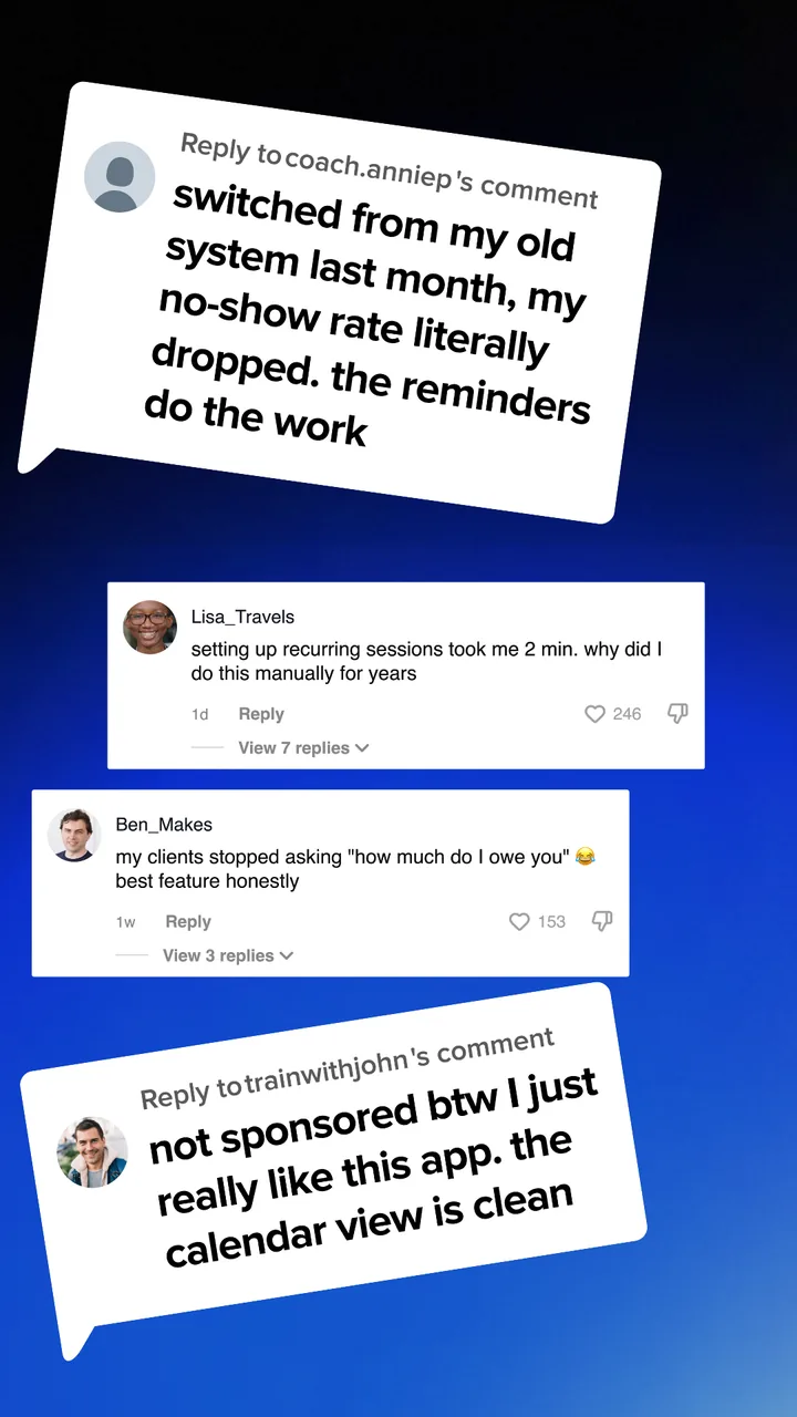 Comments from trainers on a CoachOne post about recurring sessions, the calendar, and clients knowing what they owe